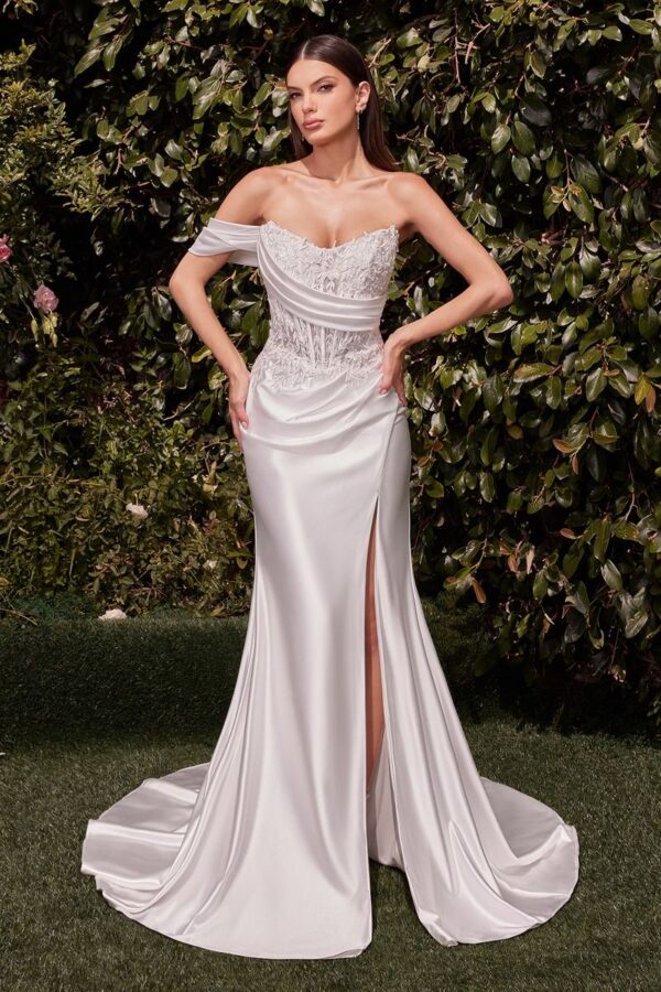 CD804W Satin Fit and Flare Wedding Dress Off The Shoulder