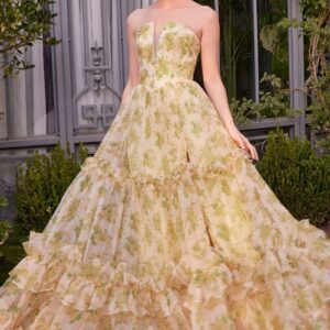 A1430 Strapless Yellow Floral Prom Dress